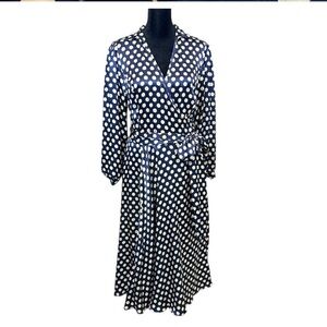 J. Peterman Navy Polka Dot Silk Midi Wrap Dress Prep School Preppy Derby Classic